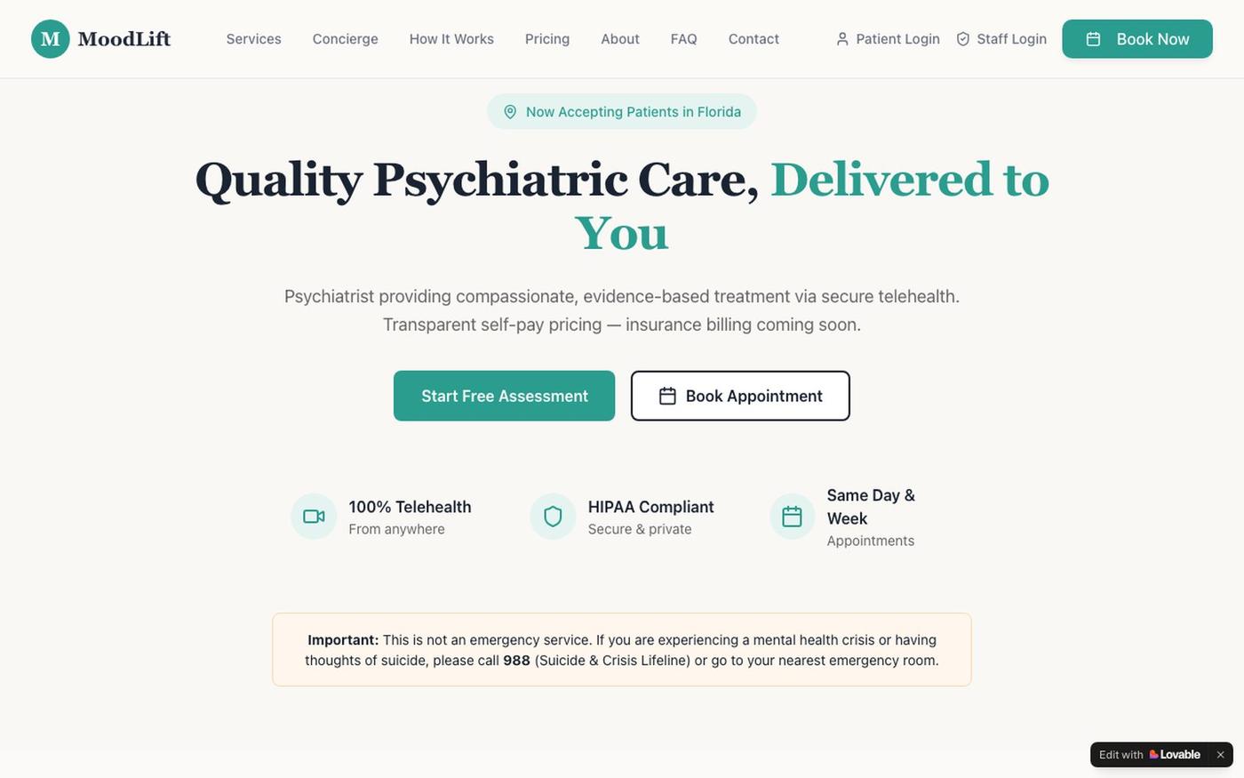 MoodLift Psychiatry — Telehealth Psychiatric Care in Florida — screenshot