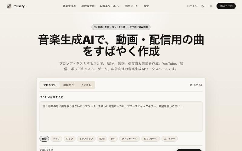 musefy|音楽生成AI・BGM作成・歌詞生成の無料オンラインツール — screenshot