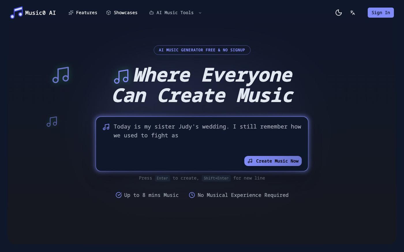 Music0 AI - AI Music & Music Video Maker | 100% Free/No Sign Up — screenshot