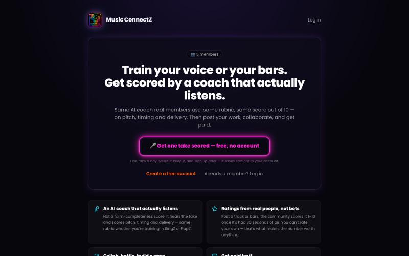 Music ConnectZ — AI Vocal & Rap Coach, Collabs, Paid Gigs — screenshot