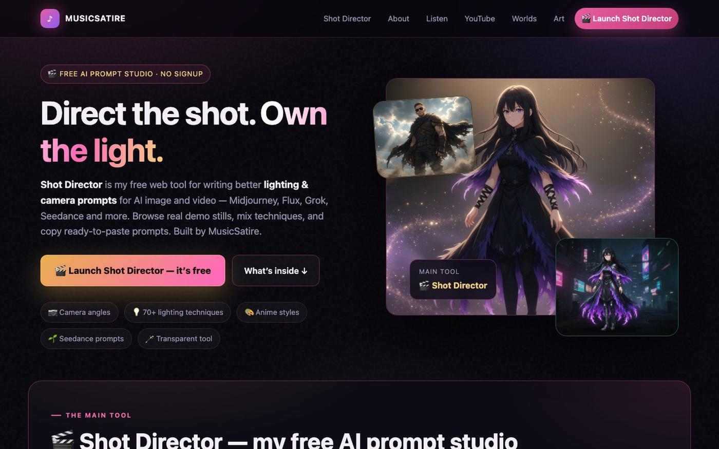 Shot Director — Free AI Lighting & Camera Prompt Tool | MusicSatire — screenshot