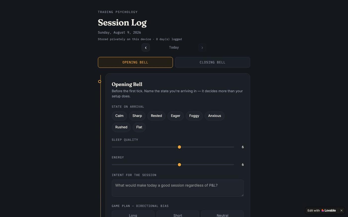 Session Log — Trading Psychology Journal — screenshot