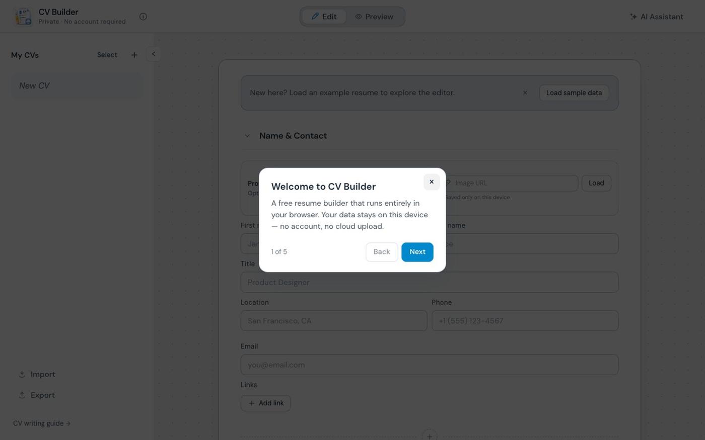 CV Builder — Free Private Resume Editor — screenshot