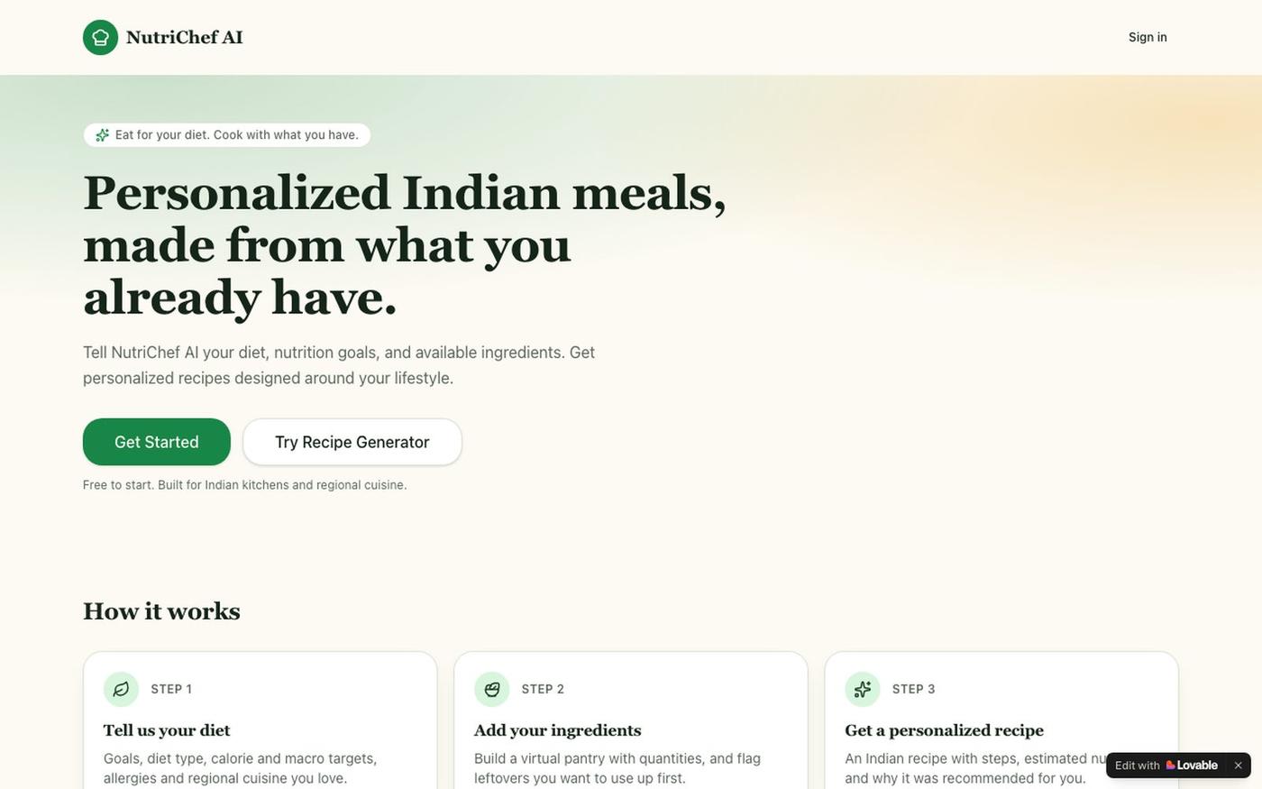 NutriChef AI — Personalized Indian meals from what you have — screenshot