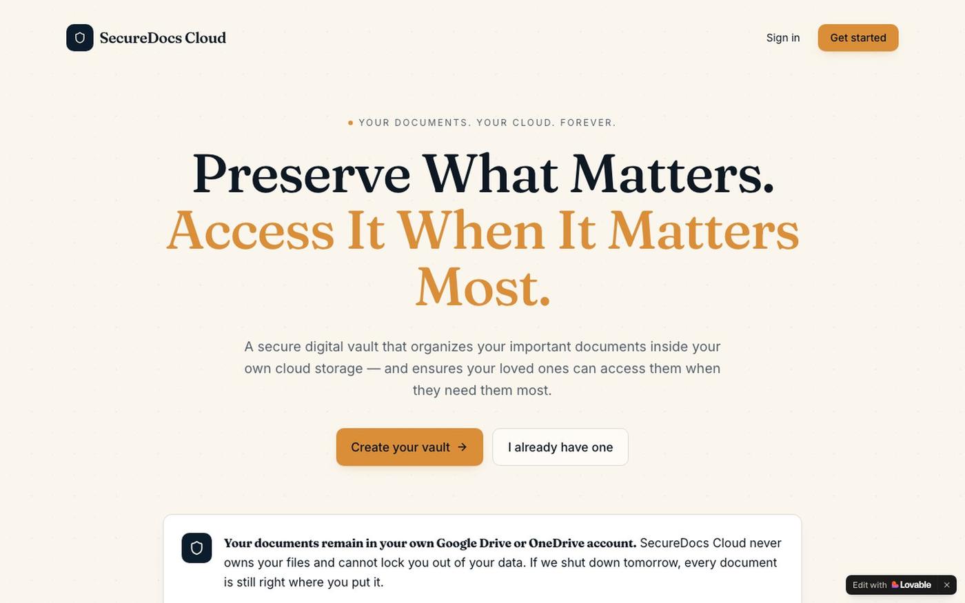 SecureDocs Cloud — Preserve what matters. Access it when it matters most. — screenshot