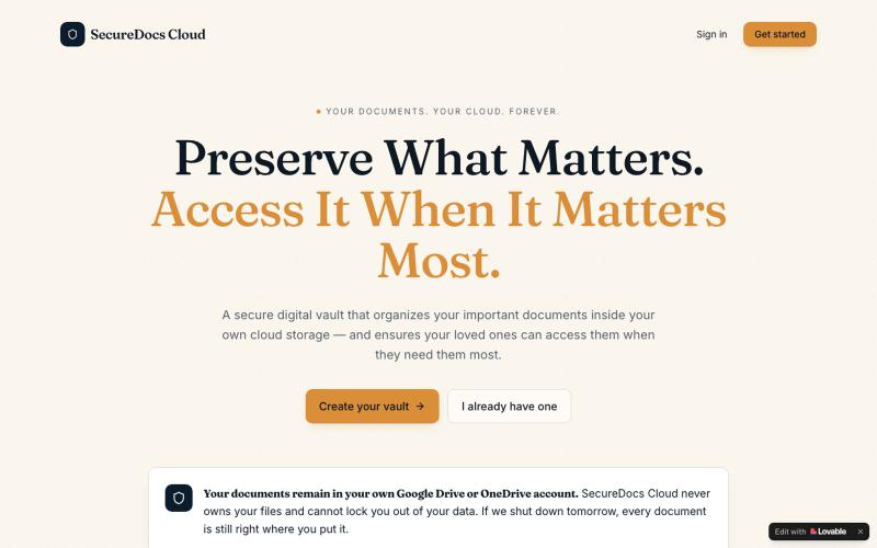 SecureDocs Cloud — Preserve what matters. Access it when it matters most. — screenshot
