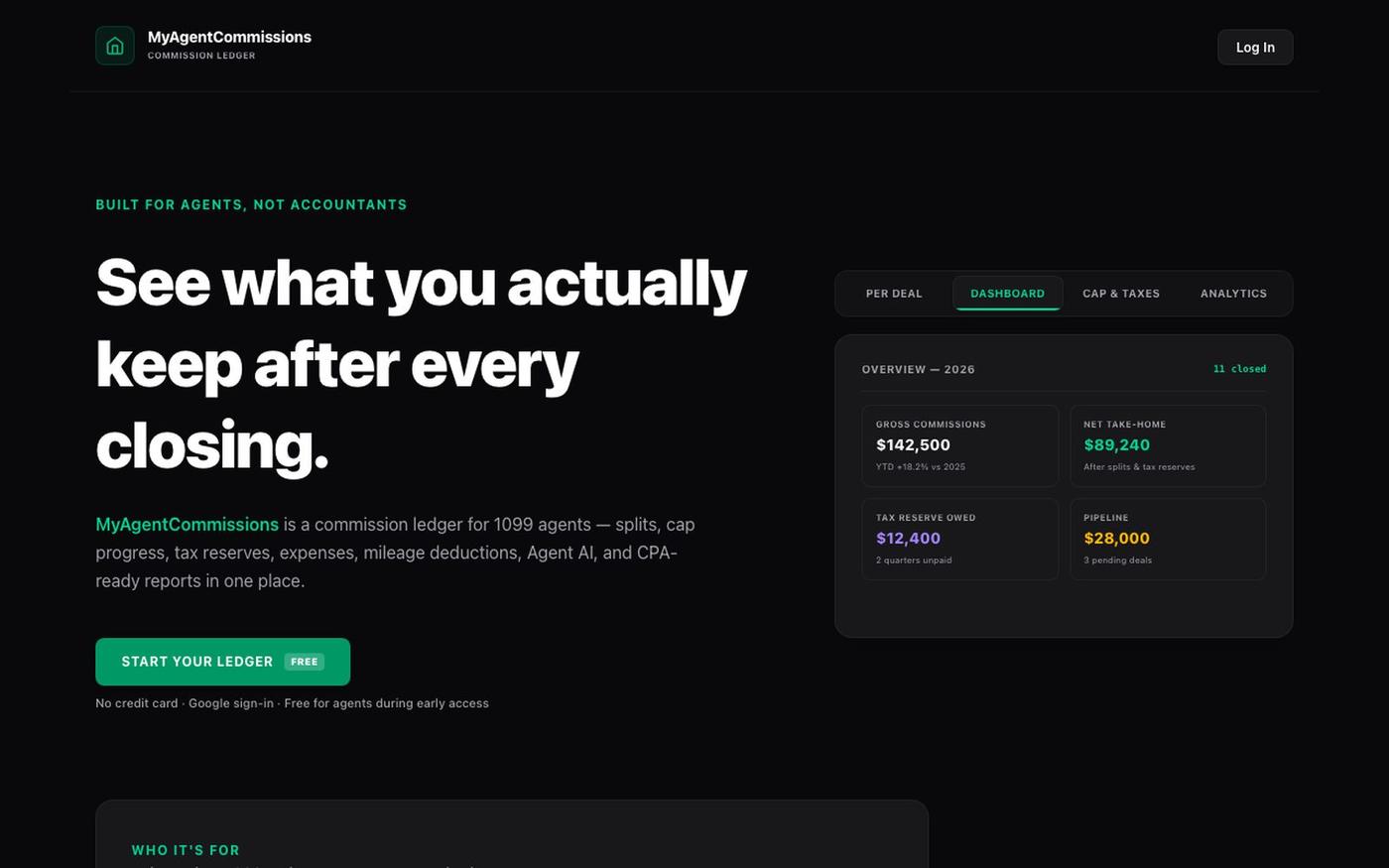 MyAgentCommissions | Free Realtor Commission Ledger & Tax Tracker — screenshot
