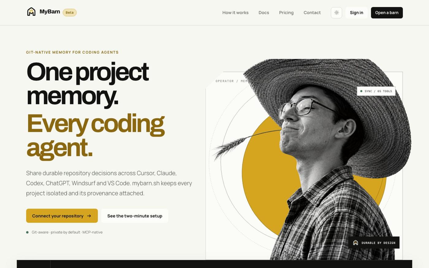 AI coding agent memory for every repository — mybarn.sh — screenshot