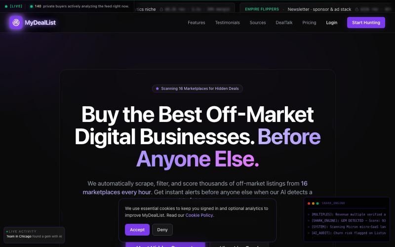 Find Undervalued SaaS & Digital Businesses Before They Sell | MyDealList — screenshot