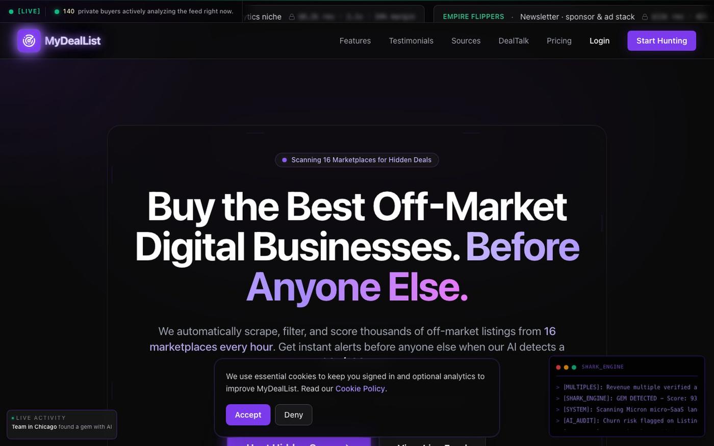 Find Undervalued SaaS & Digital Businesses Before They Sell | MyDealList — screenshot