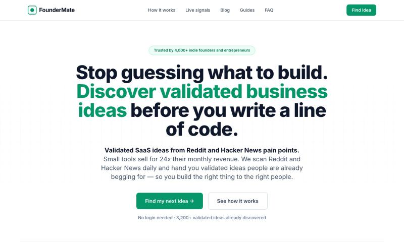 Find Your Next Validated SaaS Idea from Real Demand | FounderMate — screenshot