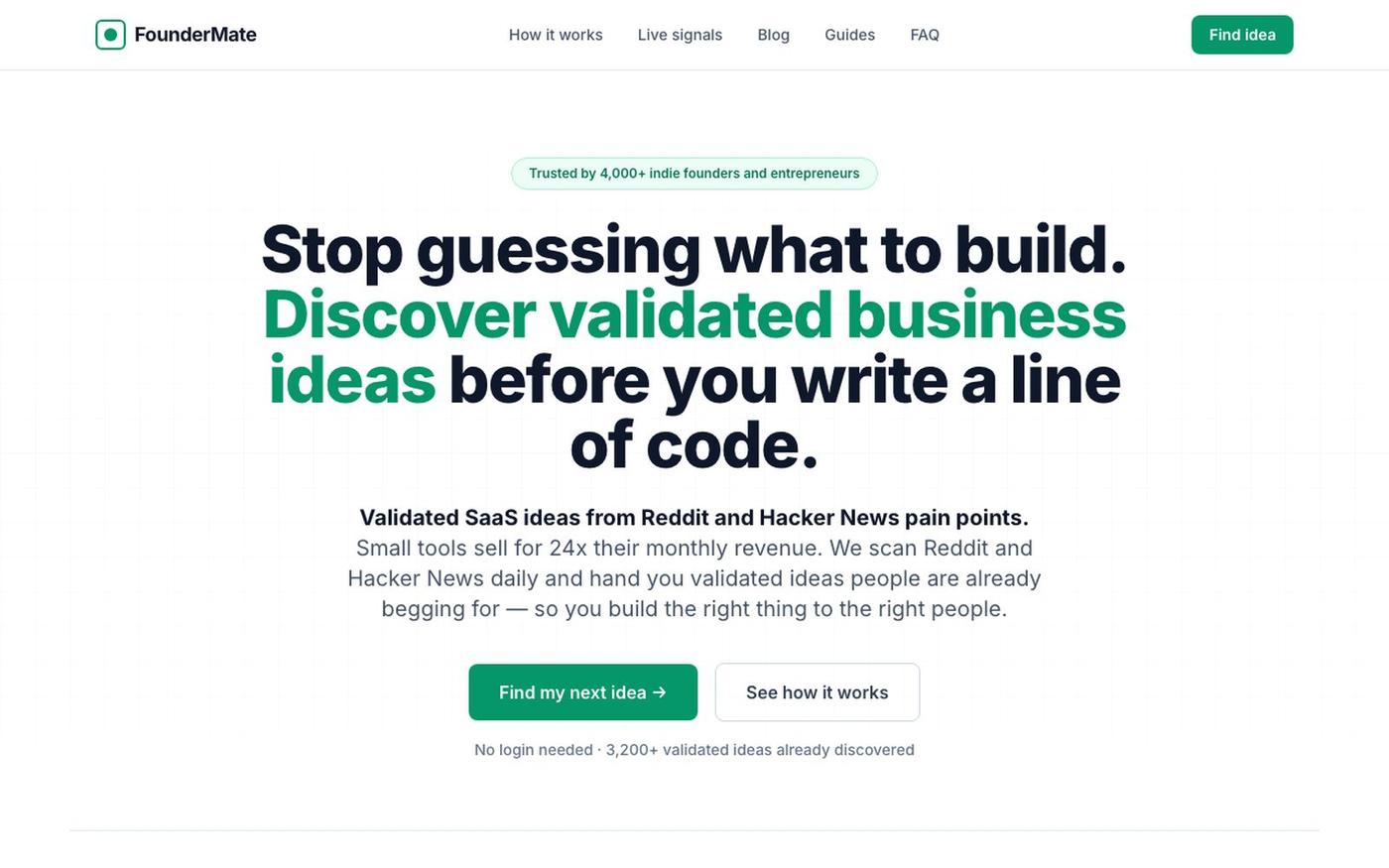 Find Your Next Validated SaaS Idea from Real Demand | FounderMate — screenshot
