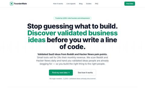 Find Your Next Validated SaaS Idea from Real Demand | FounderMate — screenshot