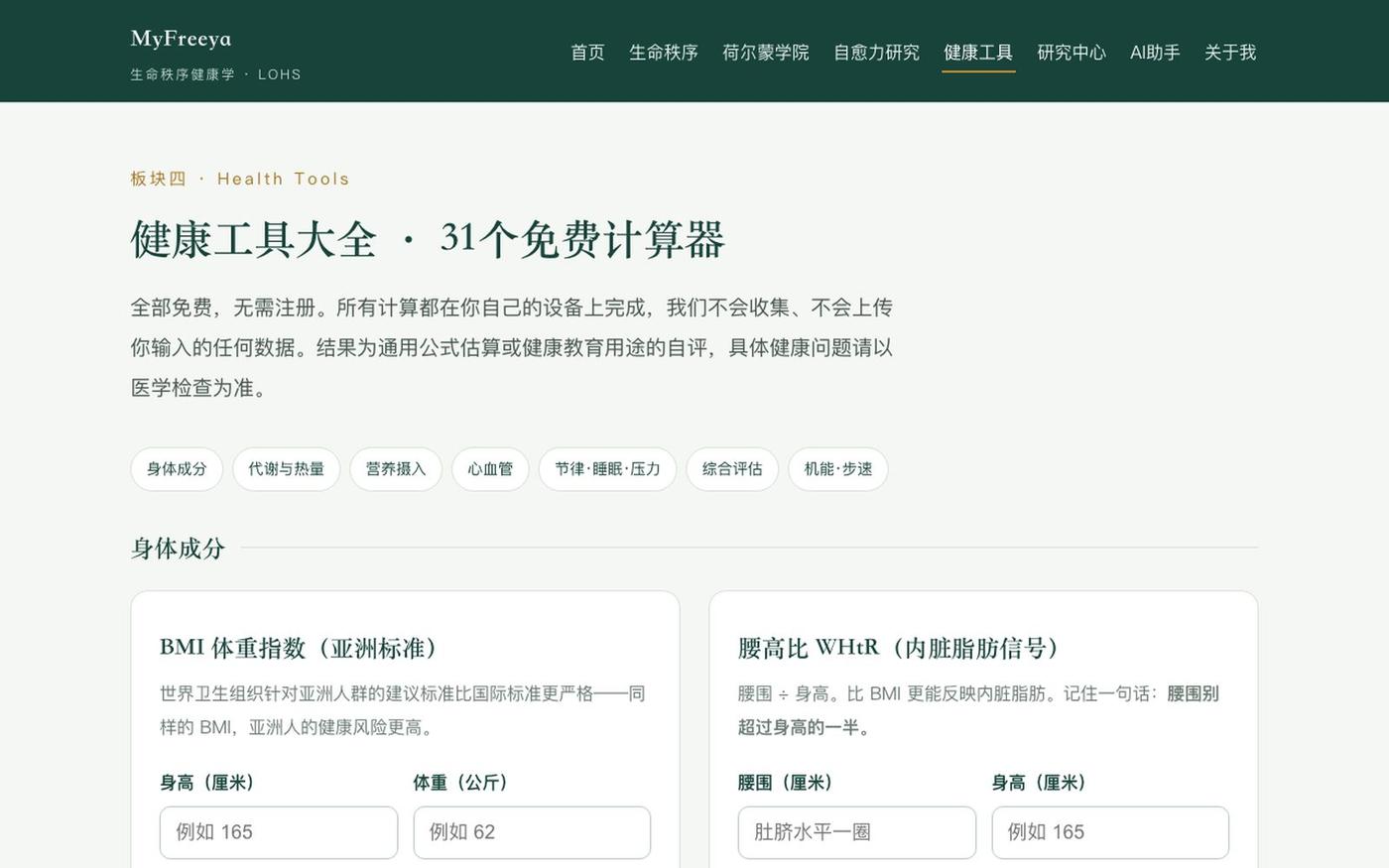 健康工具大全|31个免费在线计算器:BMI·基础代谢·蛋白质·心率·睡眠评分 | 生命秩序健康学 LOHS — screenshot