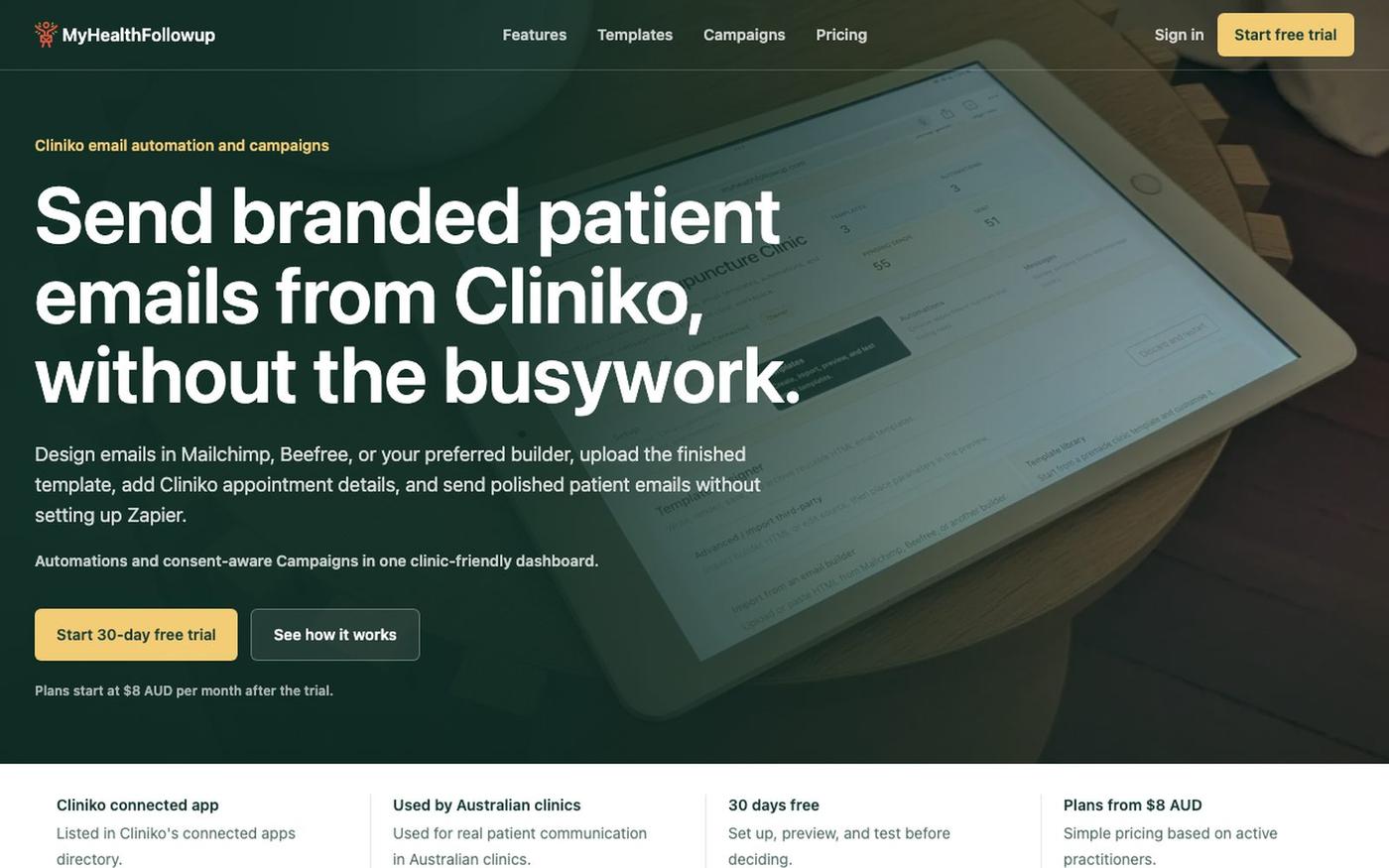 Cliniko Email Automation & Campaigns | MyHealthFollowup — screenshot