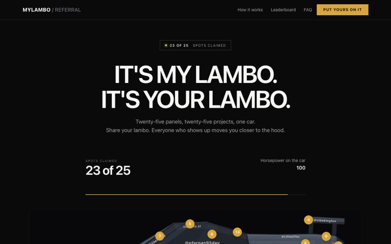 MyLambo: refer friends, get your name on the lambo — screenshot