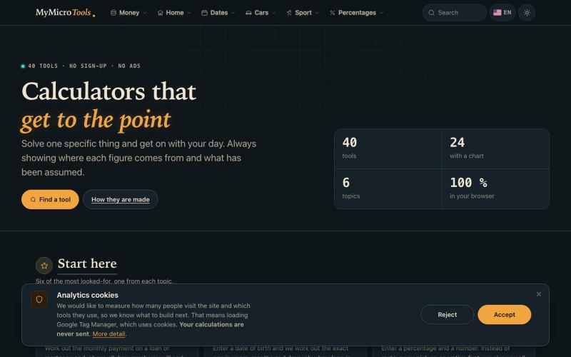 MyMicroTools — 40 fast, free calculators with no sign-up — screenshot