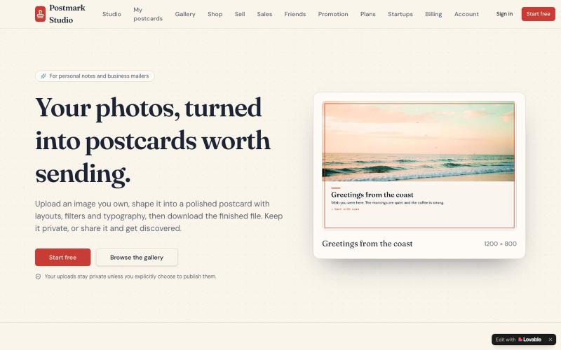 Postmark Studio — turn your photos into postcards — screenshot