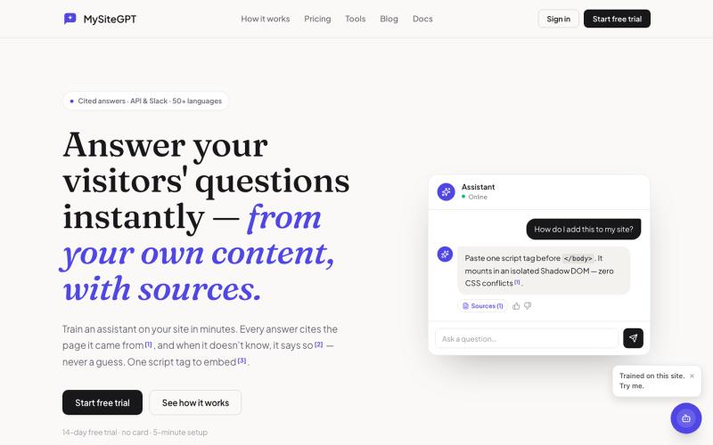 MySiteGPT Assistant — AI chat for your site, with sources — screenshot