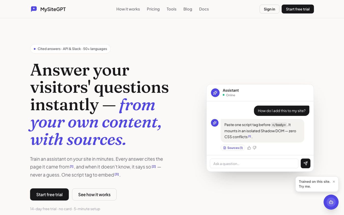 MySiteGPT Assistant — AI chat for your site, with sources — screenshot