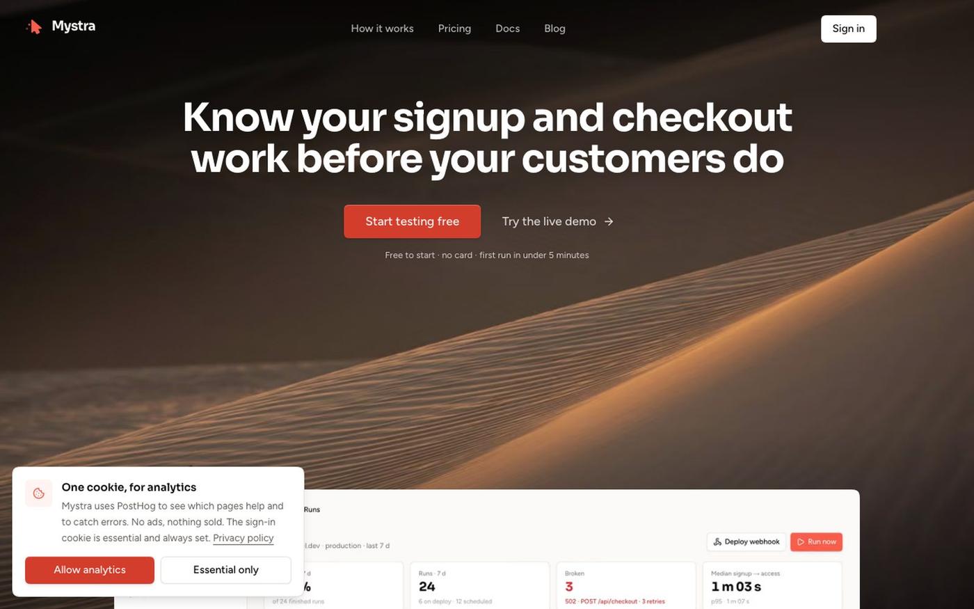 Revenue-path monitoring for web apps · Mystra — screenshot