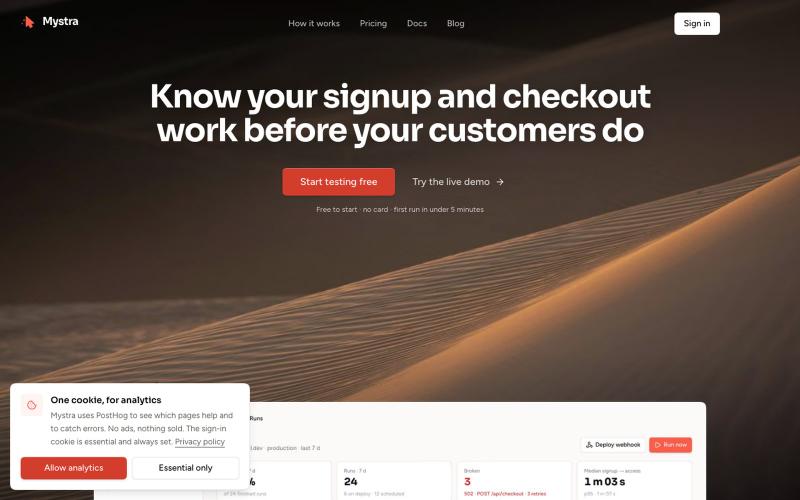 Revenue-path monitoring for web apps · Mystra — screenshot