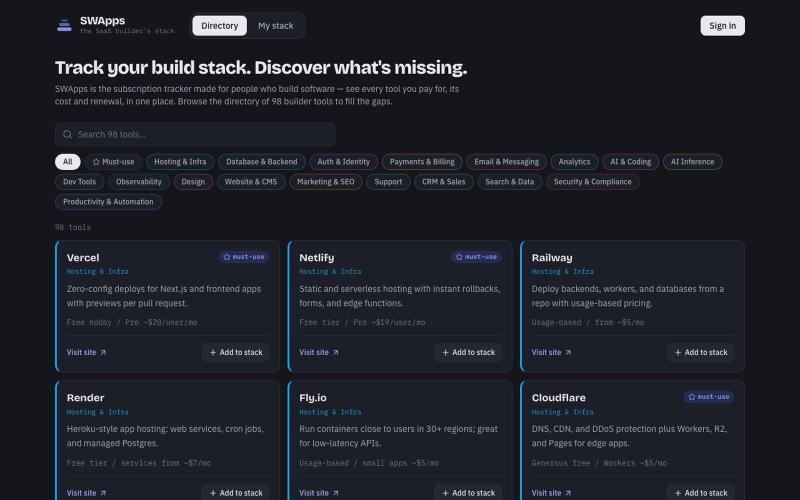 SWApps — the SaaS builder's stack — screenshot