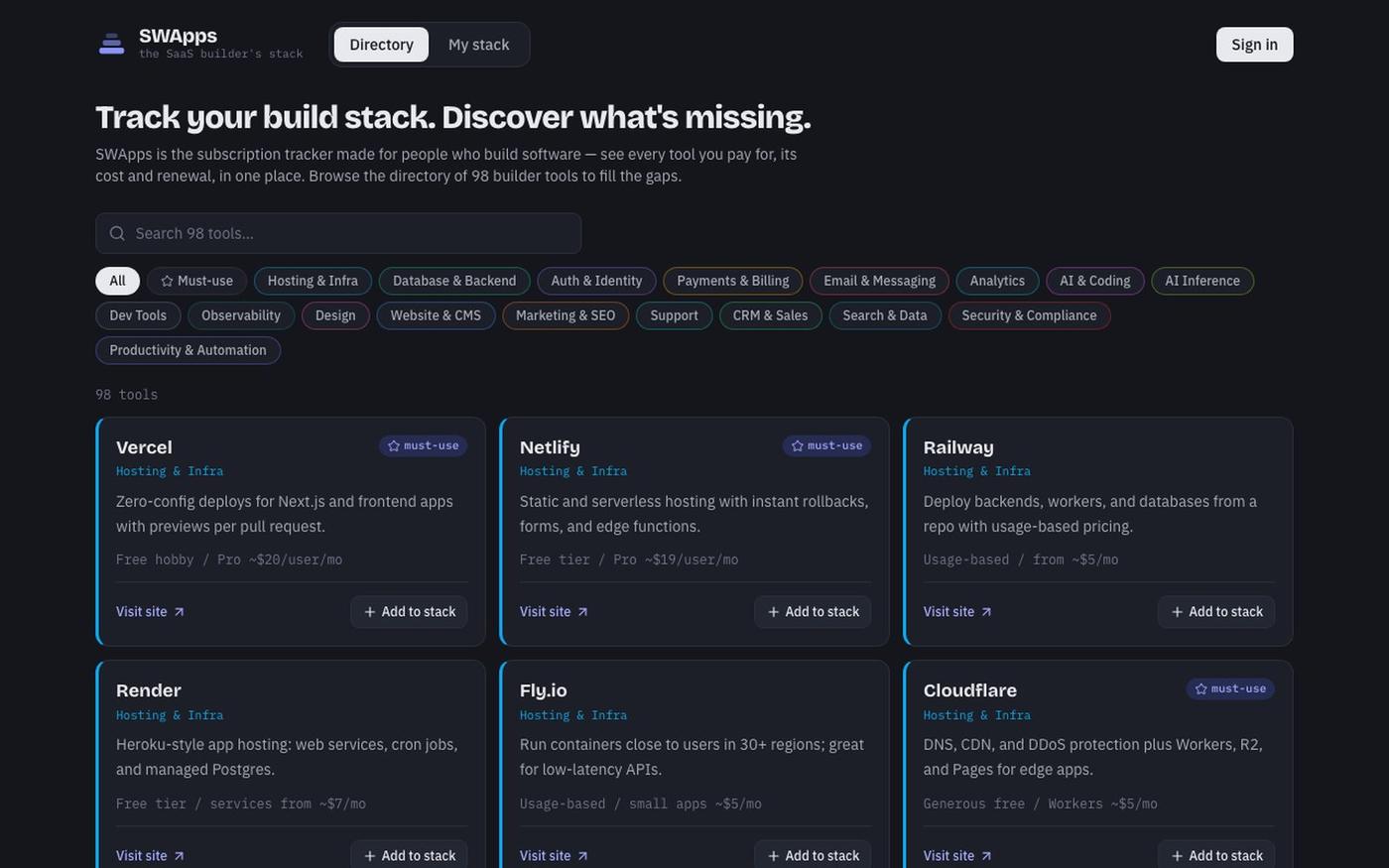 SWApps — the SaaS builder's stack — screenshot