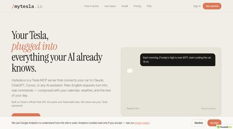 mytesla.io — Control your Tesla with Claude, ChatGPT & AI — screenshot