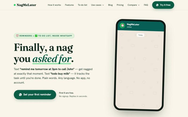 NagMeLater — WhatsApp reminders & to-do list in plain English — screenshot