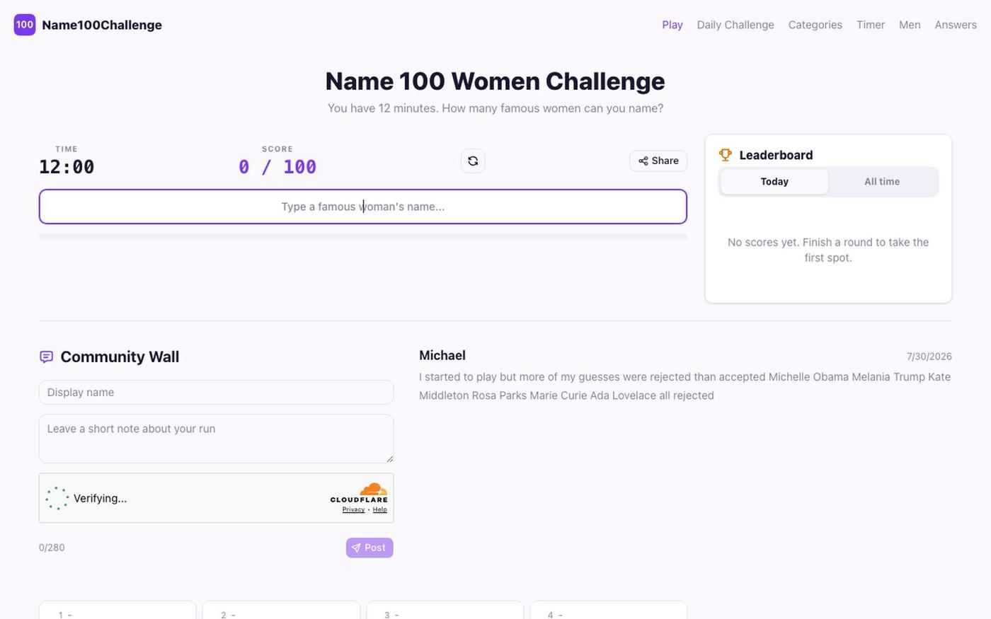 Name 100 Women Challenge - Free 12-Minute Game — screenshot