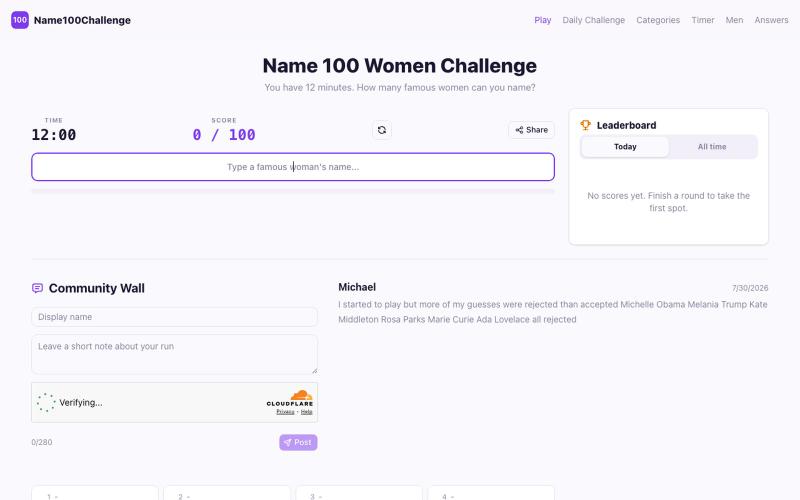 Name 100 Women Challenge - Free 12-Minute Game — screenshot