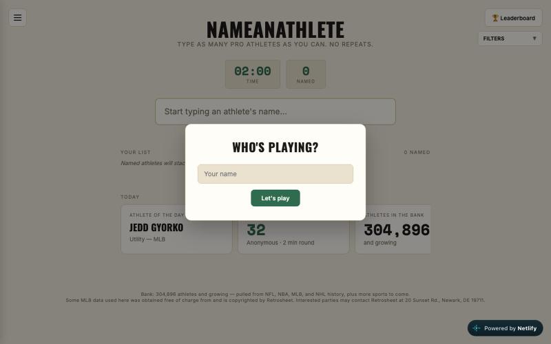 NameAnAthlete — Name as Many Pro Athletes as You Can | 300,000+ Athletes — screenshot