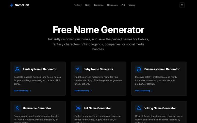 Free Name Generator - Magic, Baby, Business, Viking & Usernames | Free Name Gene — screenshot
