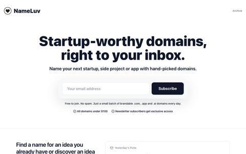 NameLuv - Startup-worthy domains under $100 — screenshot