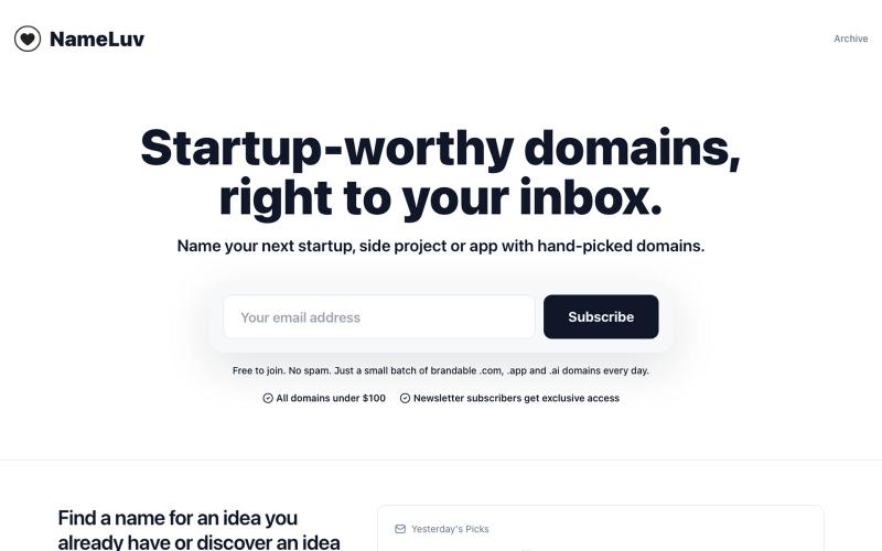 NameLuv - Startup-worthy domains under $100 — screenshot
