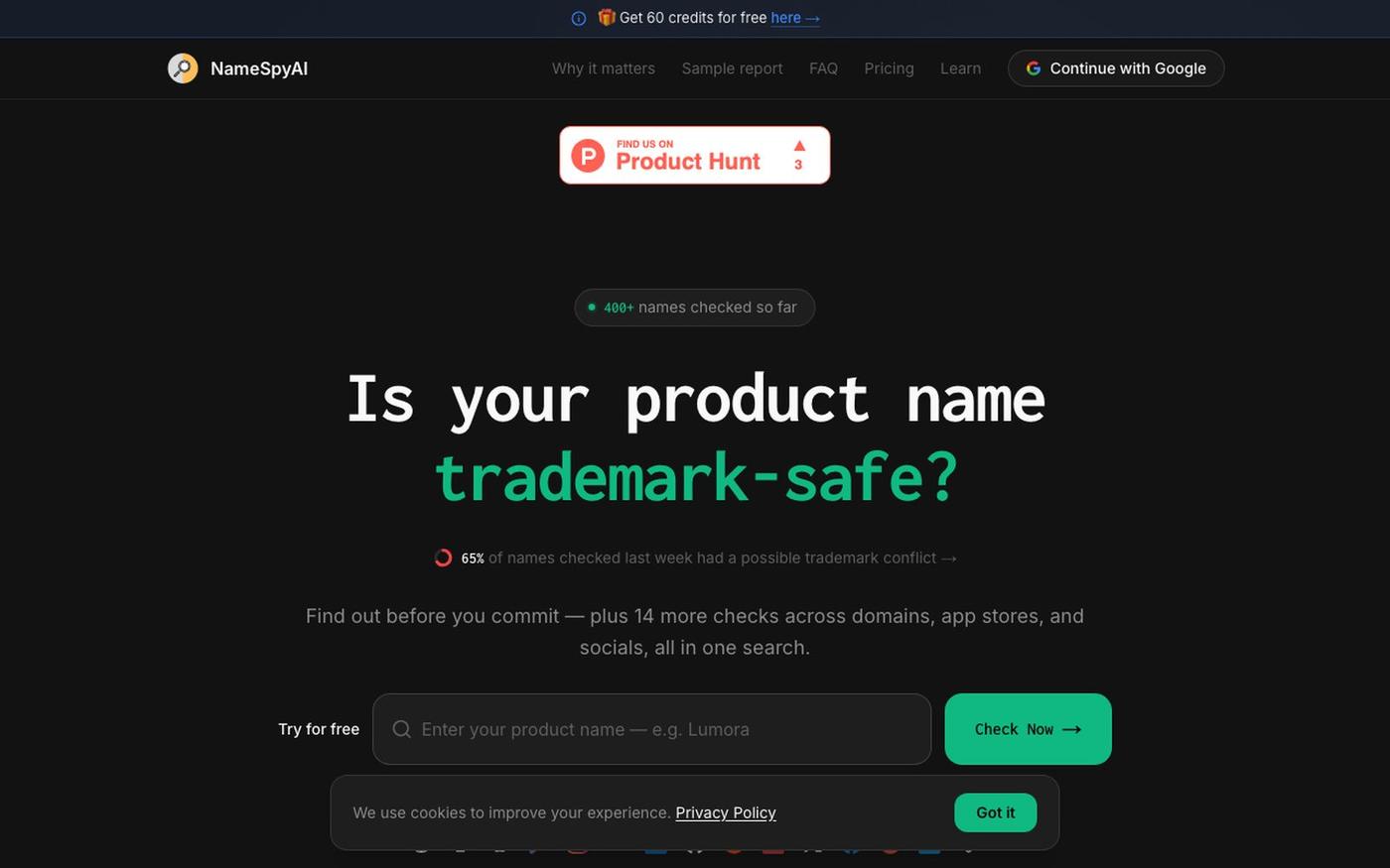 NameSpyAI — Product Name Availability Checker & Trademark Search — screenshot
