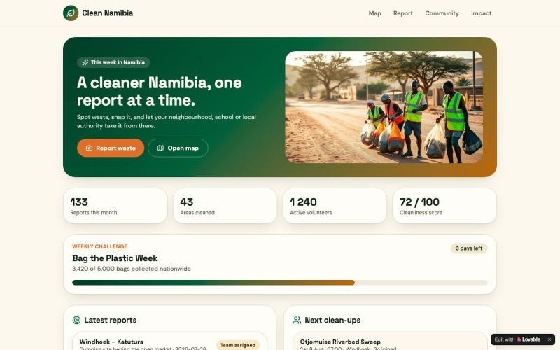 Clean Namibia — Report Waste, Map Clean Areas, Join Clean-ups — screenshot