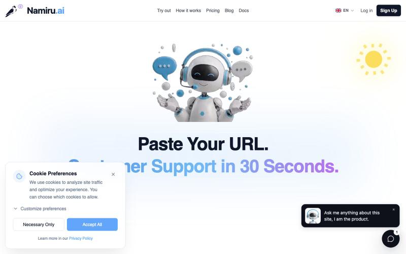 Namiru.ai - Paste Your URL. Customer Support in 30 Seconds. — screenshot
