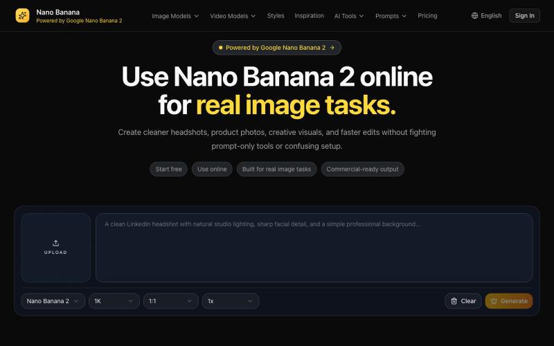 Use Nano Banana 2 Online for Headshots, Product Photos, and Image Edits | Nano B — screenshot