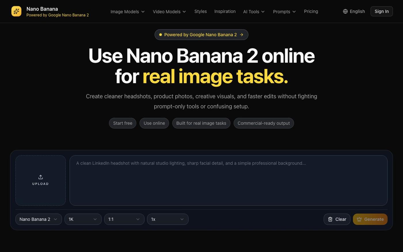 Use Nano Banana 2 Online for Headshots, Product Photos, and Image Edits | Nano B — screenshot