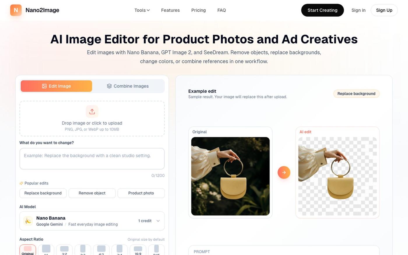 AI Image Editor Online: Edit Photos with AI | Nano2Image — screenshot
