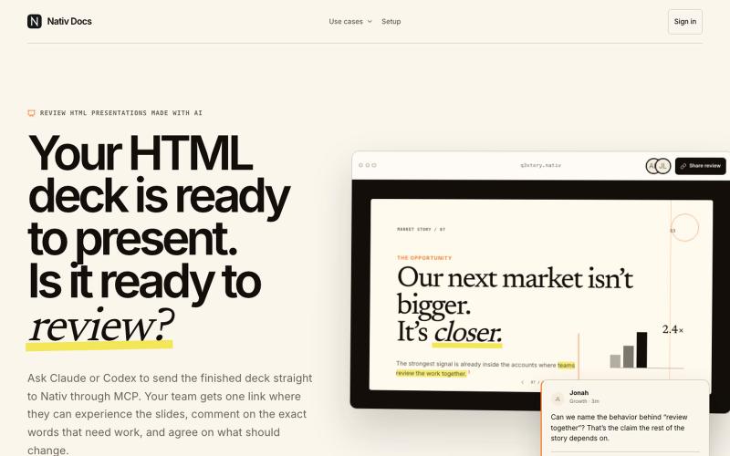 Share and Comment on HTML Presentations | Nativ Docs — screenshot
