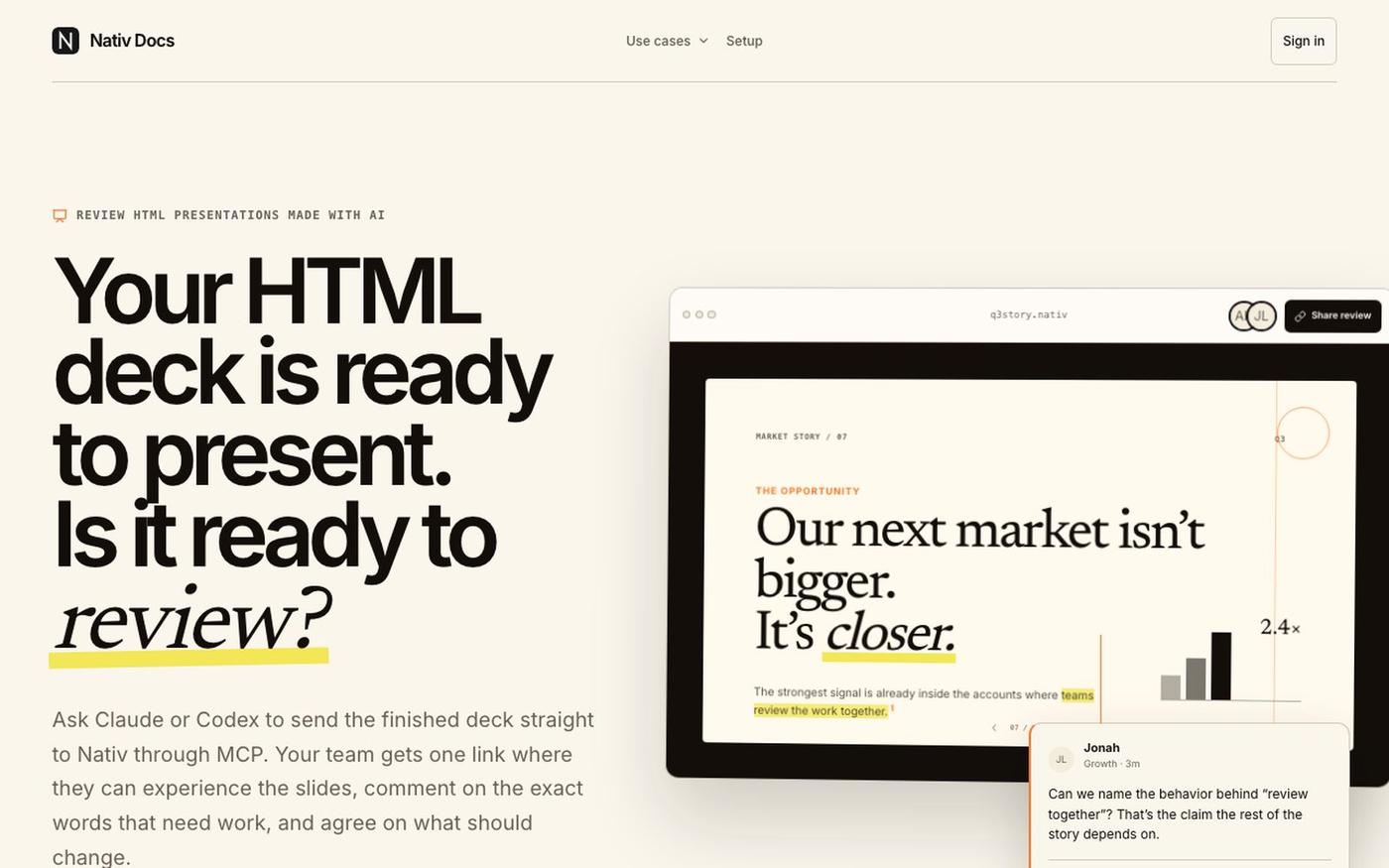 Share and Comment on HTML Presentations | Nativ Docs — screenshot