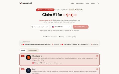 NatWars — the weekly leaderboard where nations pay to win — screenshot