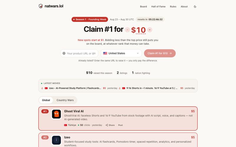 NatWars — the weekly leaderboard where nations pay to win — screenshot