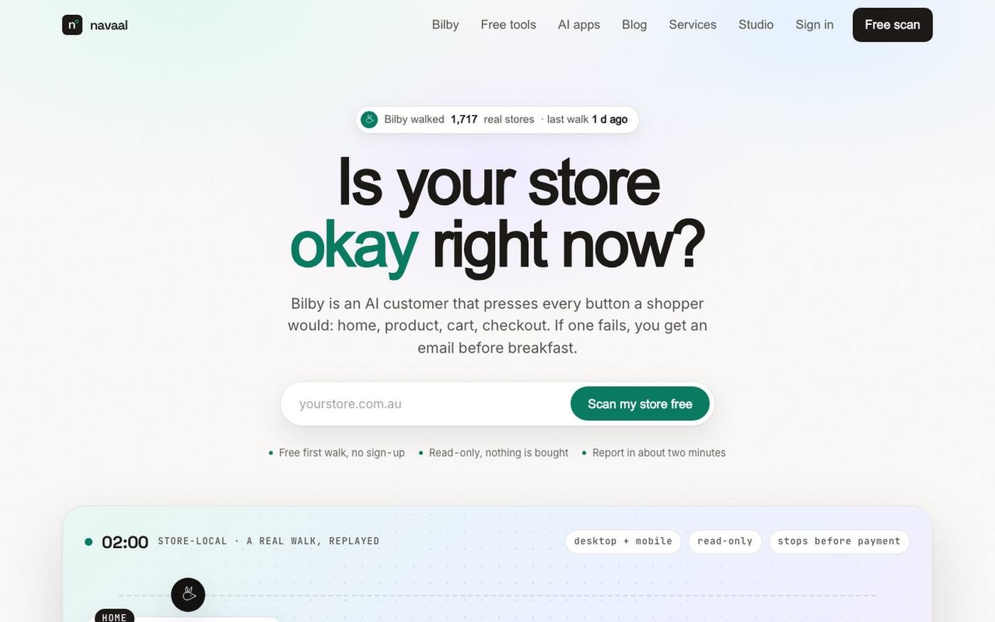 Navaal AI — Is your store okay? Free AI store scan & nightly monitoring — screenshot