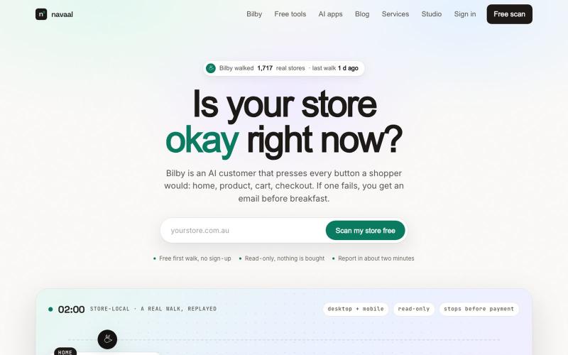 Navaal AI — Is your store okay? Free AI store scan & nightly monitoring — screenshot