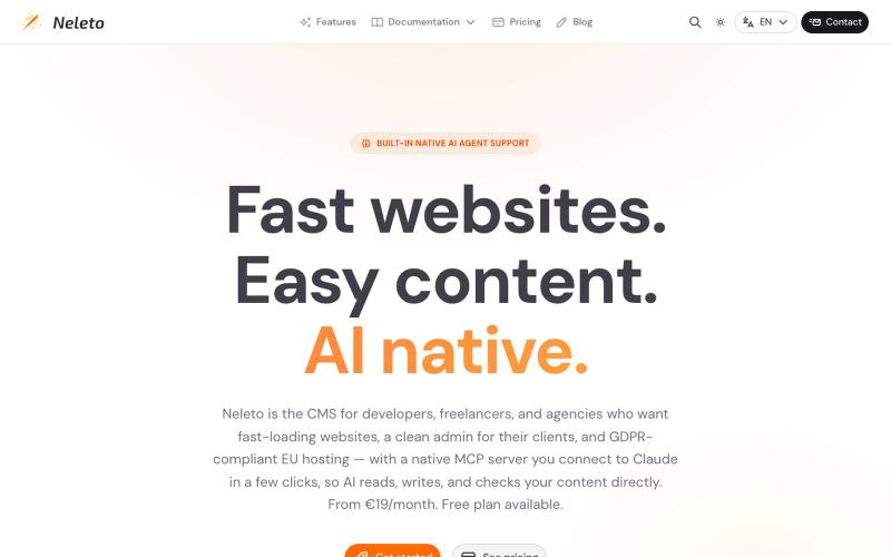 Neleto — Fast websites. Easy content. AI native. — screenshot