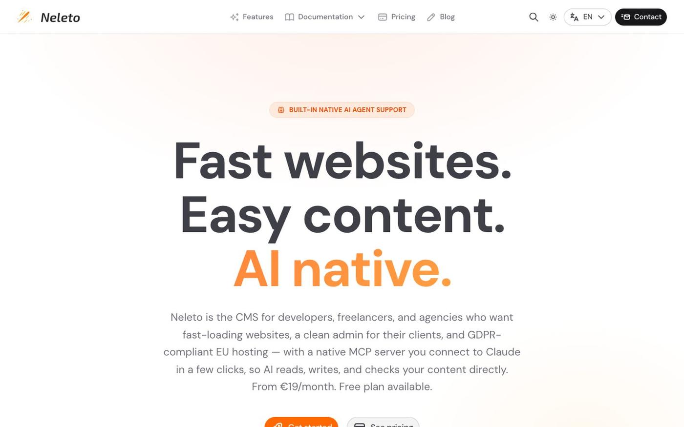 Neleto — Fast websites. Easy content. AI native. — screenshot